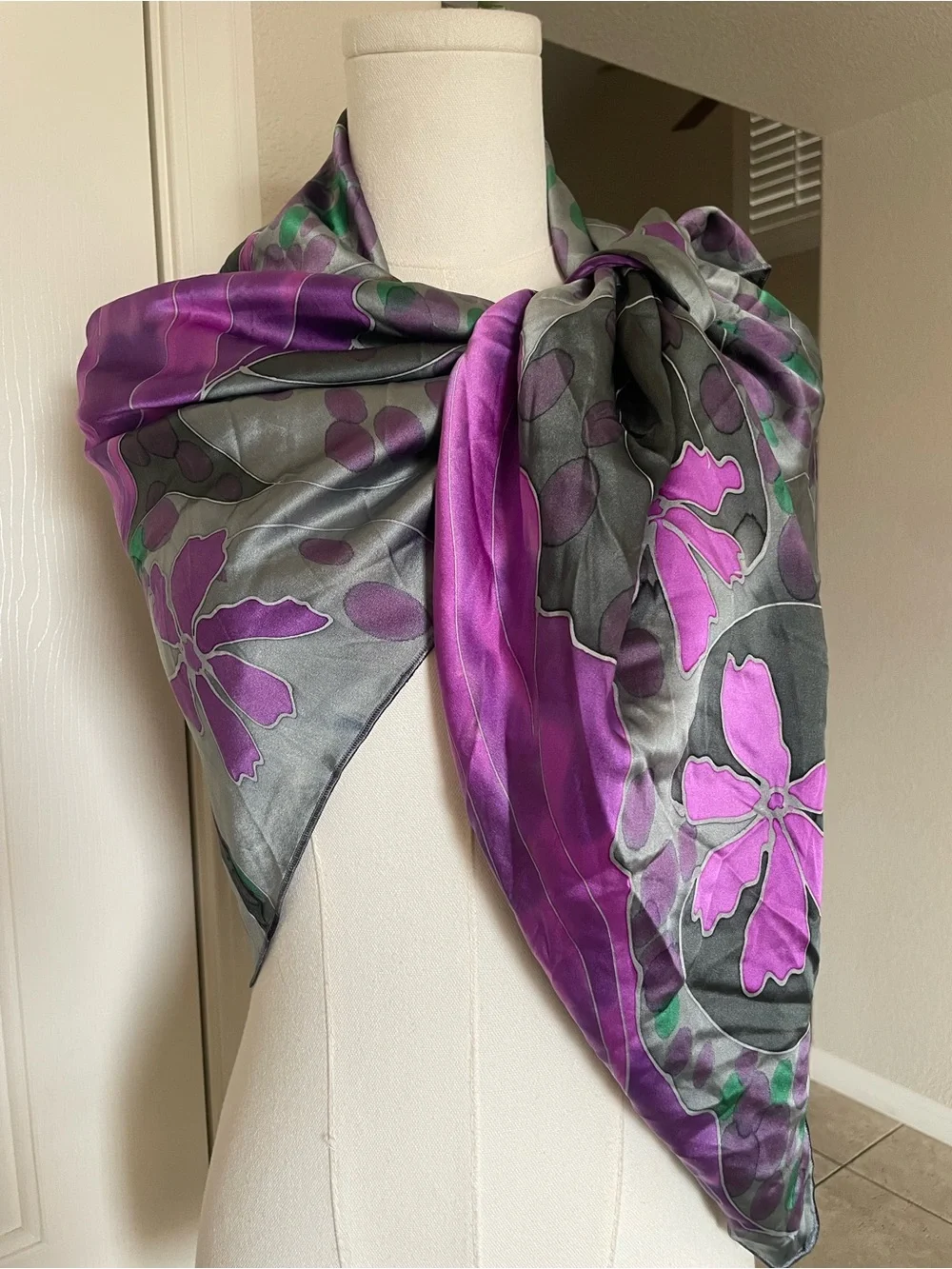 Silk Floral Print Scarf in Purple and Gray